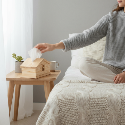 Minimalist cabin style tissue dispenser in natural Canadian pine wood with house shape for Nordic bathroom accessories