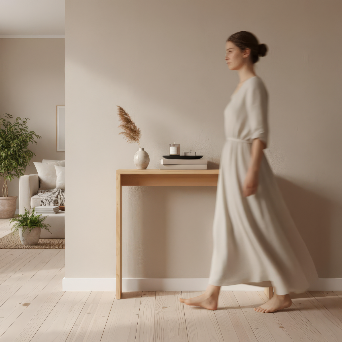 Minimalist narrow console table styled in modern hallway with decorative accents and natural wood finish