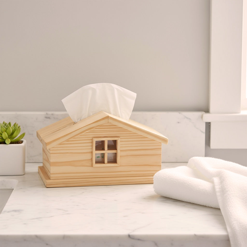 Nordic style wooden cabin tissue holder in solid pinewood with removable roof for Scandinavian bathroom storage