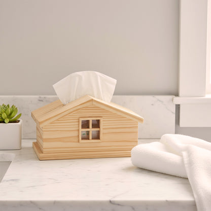 Nordic style wooden cabin tissue holder in solid pinewood with removable roof for Scandinavian bathroom storage