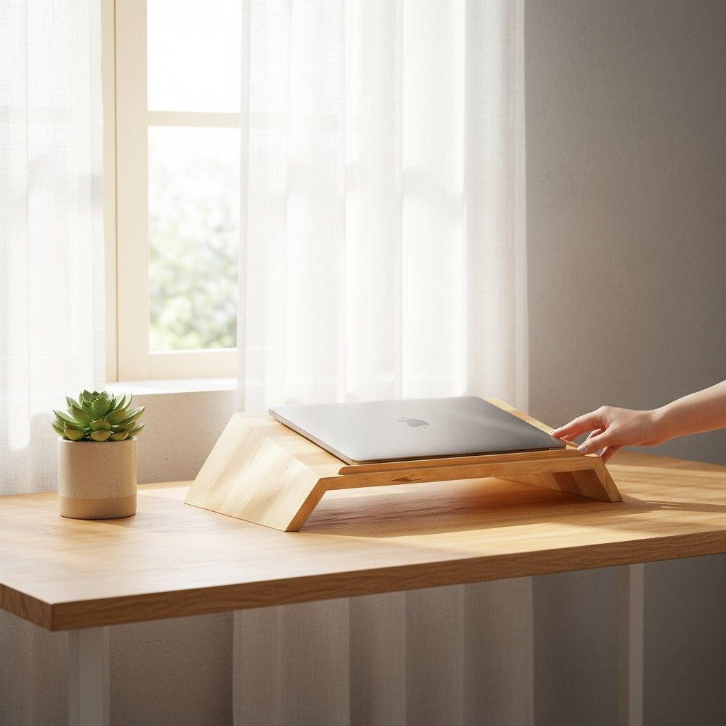 Ergonomic wooden laptop stand with natural grain - handcrafted Scandinavian desk organizer for elevated workspace
