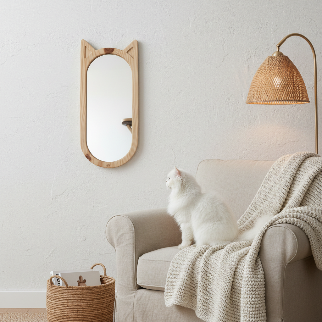Cat Mirror — White Persian, Reading Nook