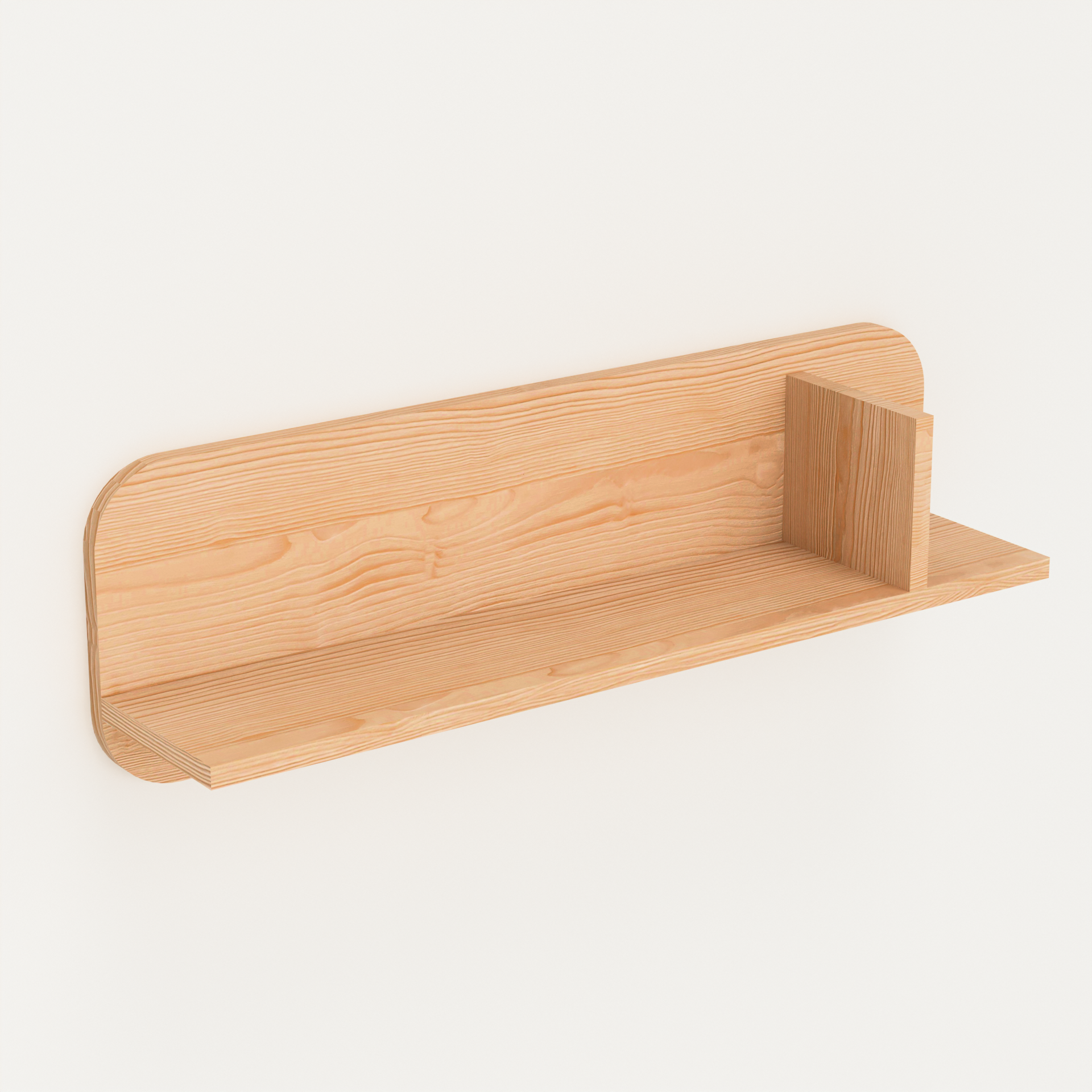 A Good Life simple natural wood floating wooden bookshelf with rounded edges mounted on a white wall