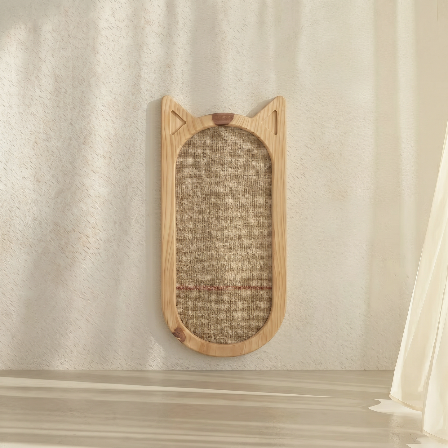 Hana Cat Scratcher with cat-ear design, natural wood texture close-up