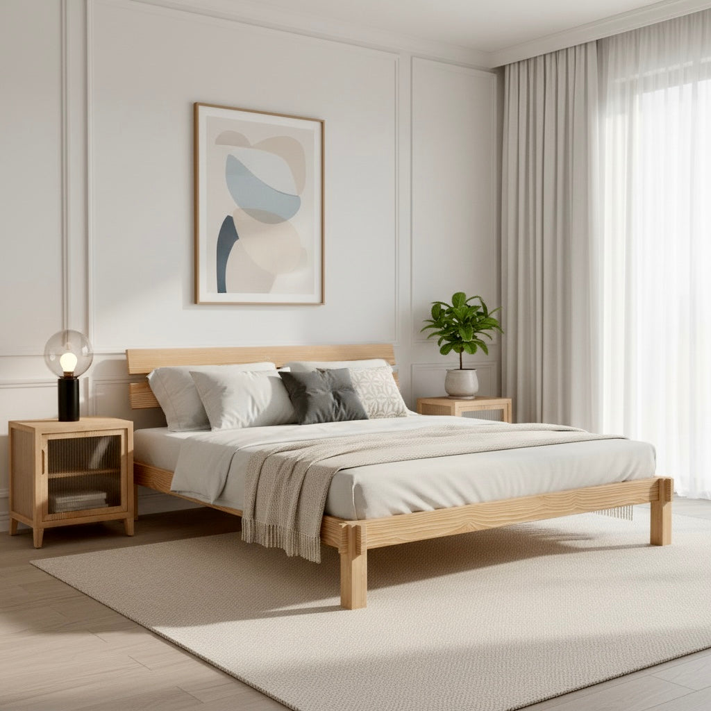 Handcrafted Scandinavian wooden bed frame in natural pine with low profile design for contemporary bedroom