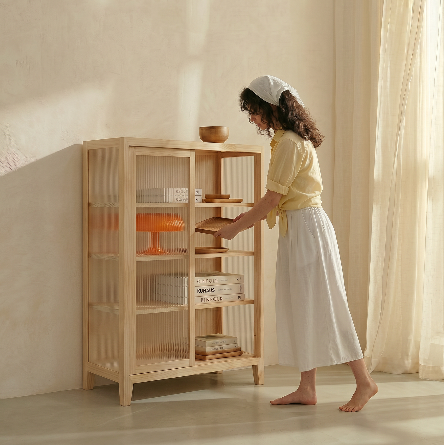 Kanso Fluted Cabinet sliding door detail in pinewood — A Good Life