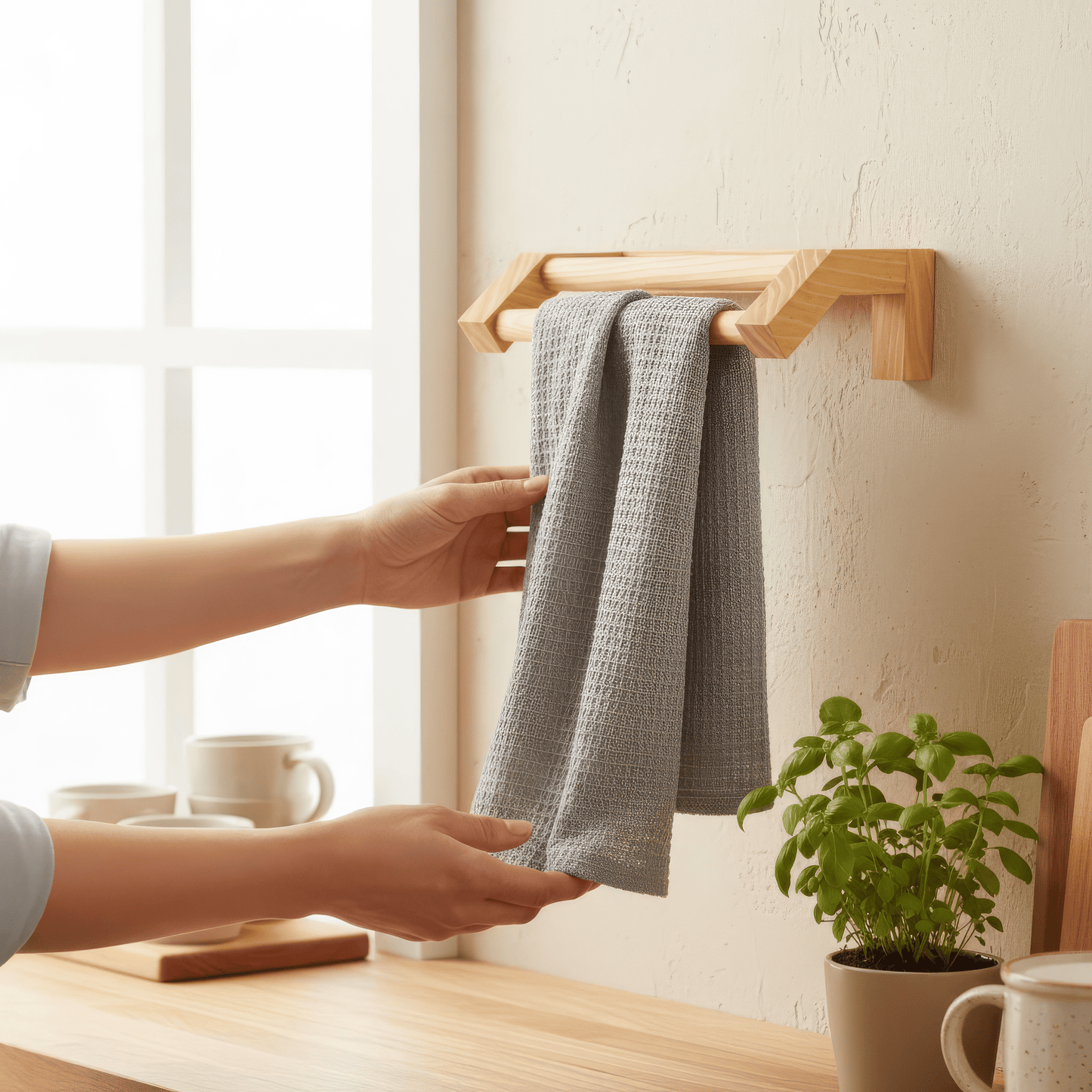 Minimalist bathroom decor towel rack with double bar design in sustainable reclaimed wood for eco-friendly living