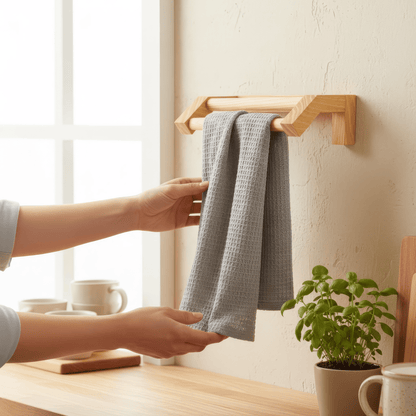 Minimalist bathroom decor towel rack with double bar design in sustainable reclaimed wood for eco-friendly living