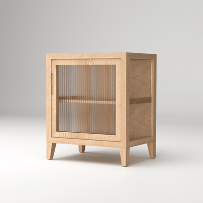 Minimalist fluted bedside table pine wood decor in handcrafted solid wood with elegant glass design for modern bedroom furniture