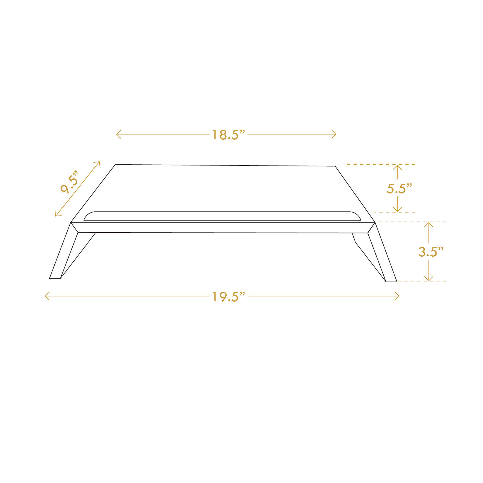 Diagram of minimalist laptop riser for desk by A Good Life showing dimensions and angled legs