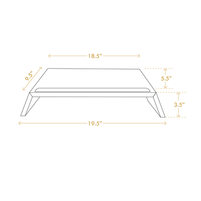 Diagram of minimalist laptop riser for desk by A Good Life showing dimensions and angled legs