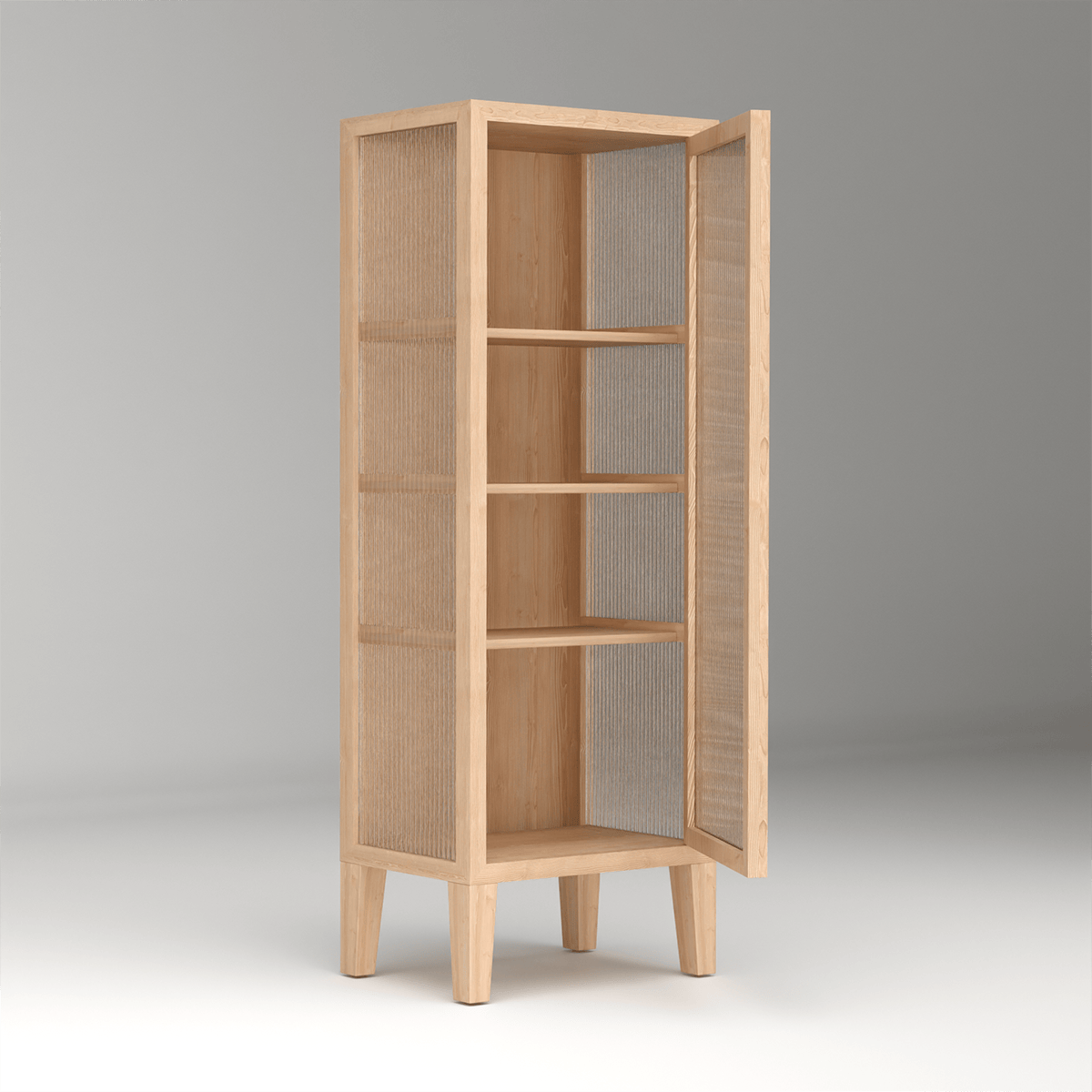 Minimalist living room art fluted glass cabinet in natural pine wood with elegant design for modern home decor