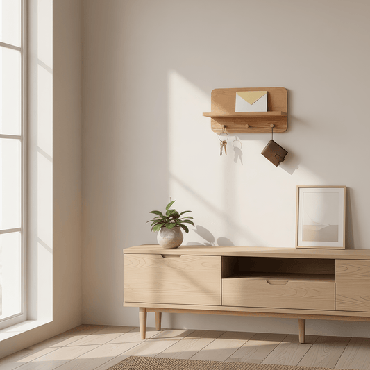Minimalist mini key holder shelf with natural pinewood for entryway decor organization by A Good Life