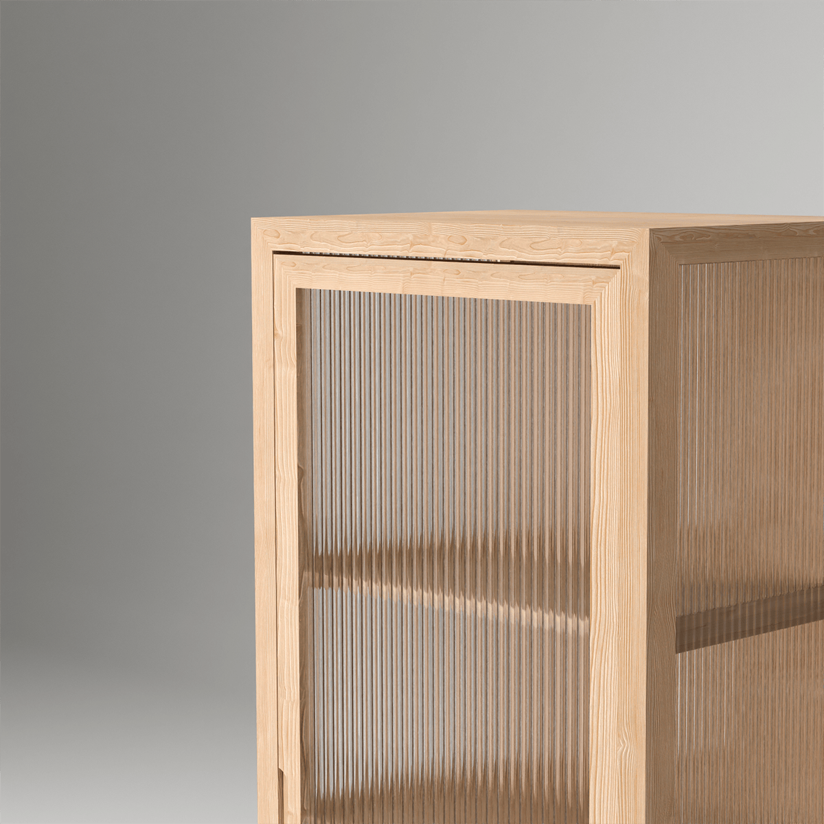 Minimalist pine fluted glass cabinet art decor in solid wood with textured glass panels for refined storage solutions