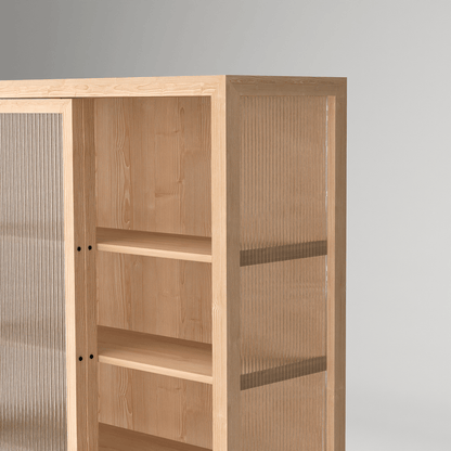 Minimalist pine wood fluted glass storage cabinet - premium Scandinavian furniture with dual sliding doors
