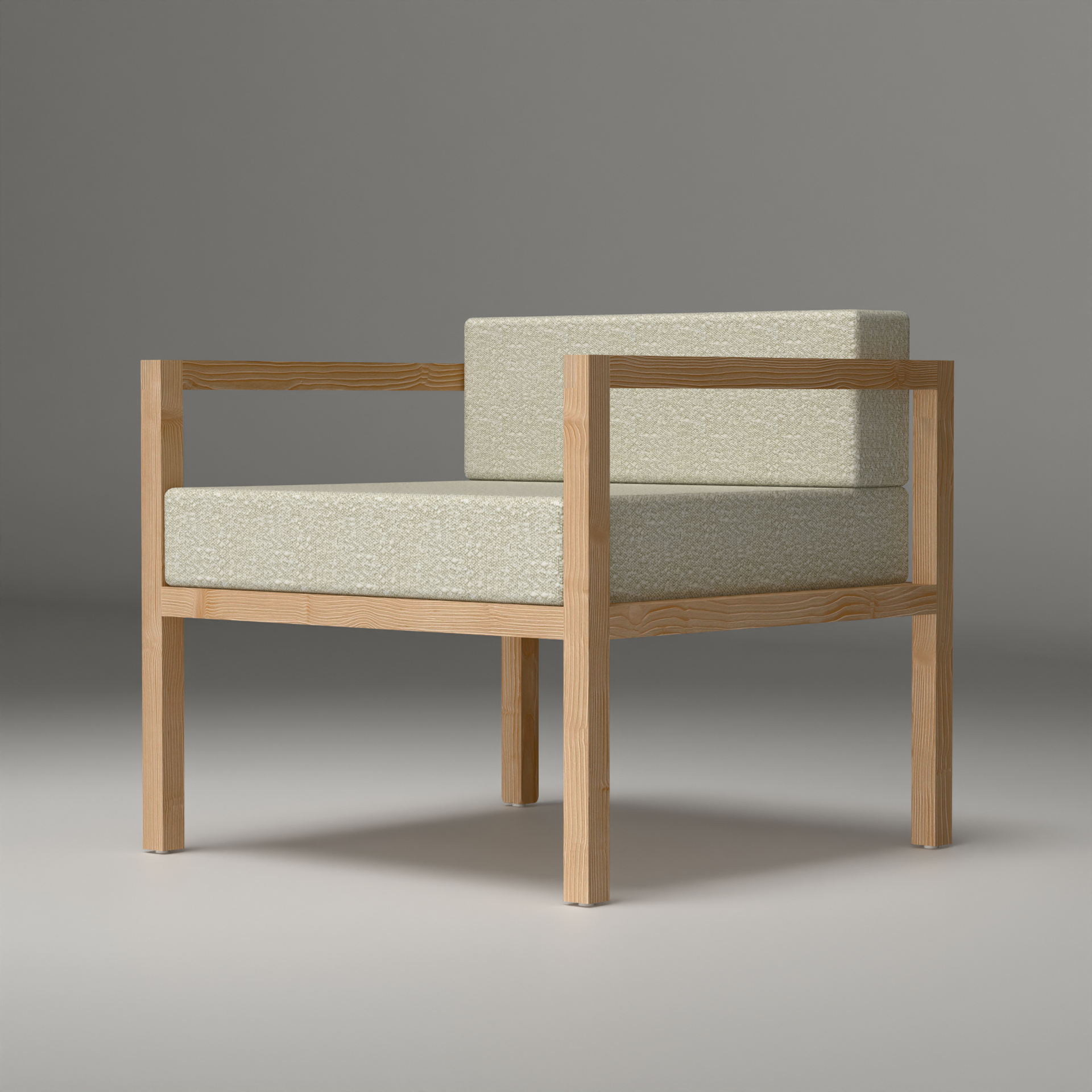 A Good Life minimalist pinewood lounge chair with light beige cushions and natural wood frame