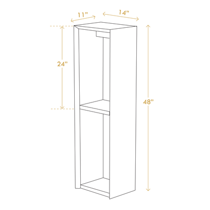 Line drawing showing dimensions of minimalist pinewood stand with two shelves and open front design