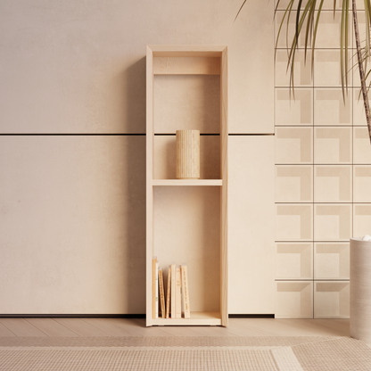 Minimalist pinewood stand by A Good Life with two shelves holding books and decor in a modern room