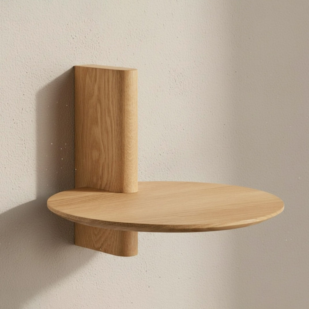 Minimalist small round bedside shelf bedroom in handcrafted Canadian pine with floating design for space-saving storage