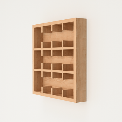 Minimalist wooden coffee mug organizer stand in natural pinewood with Wabi-Sabi design for kitchen display storage