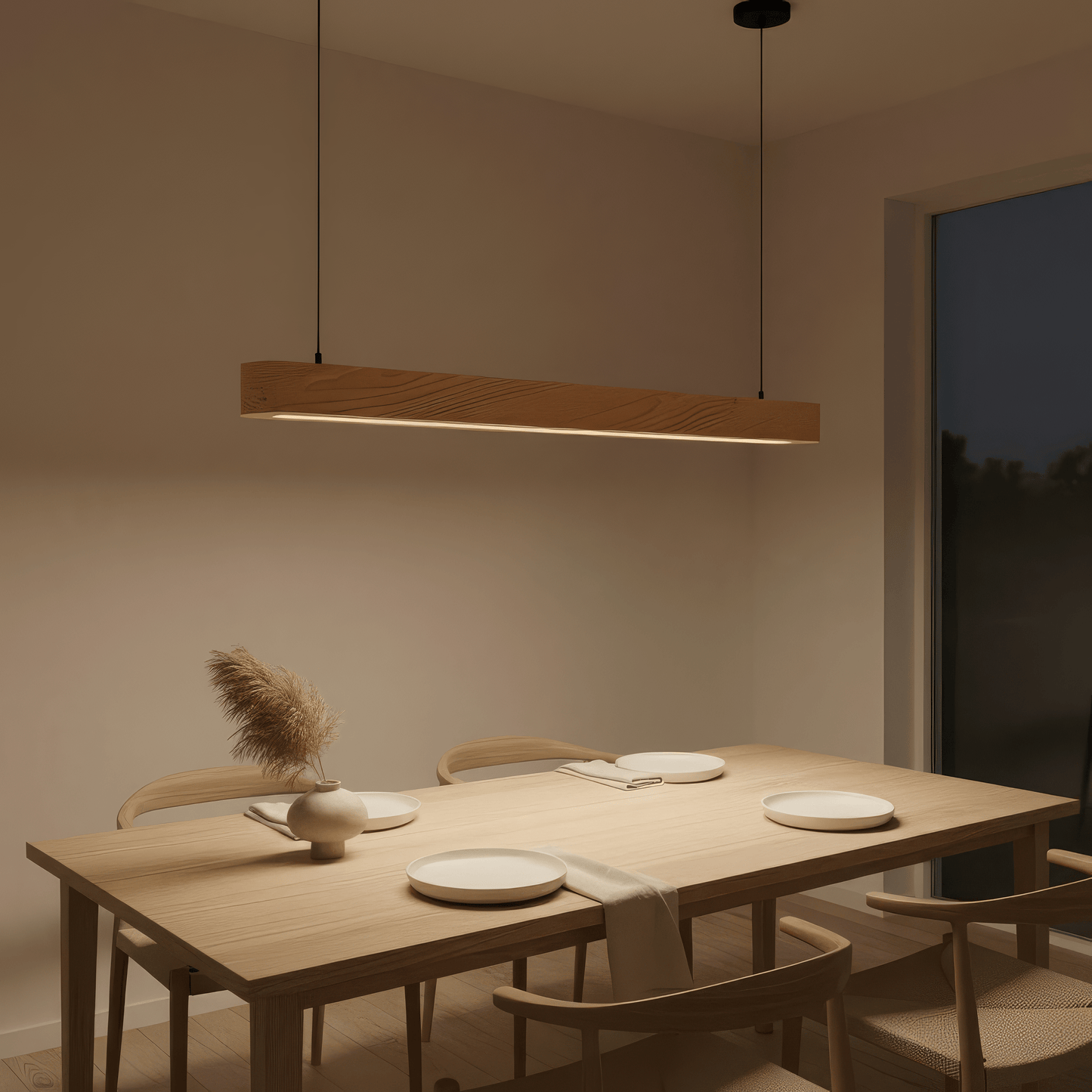 Minimalist wooden Hikari beam ceiling pendant light in natural pine for Scandinavian and Japandi home decor