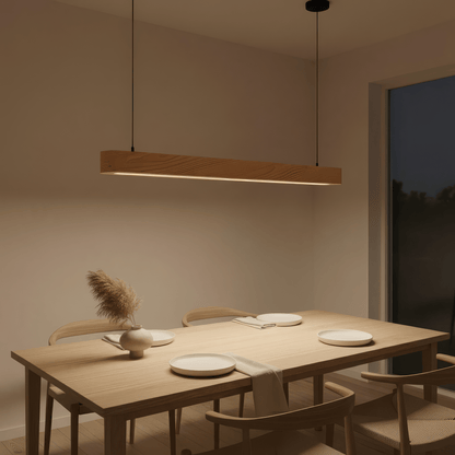 Minimalist wooden Hikari beam ceiling pendant light in natural pine for Scandinavian and Japandi home decor