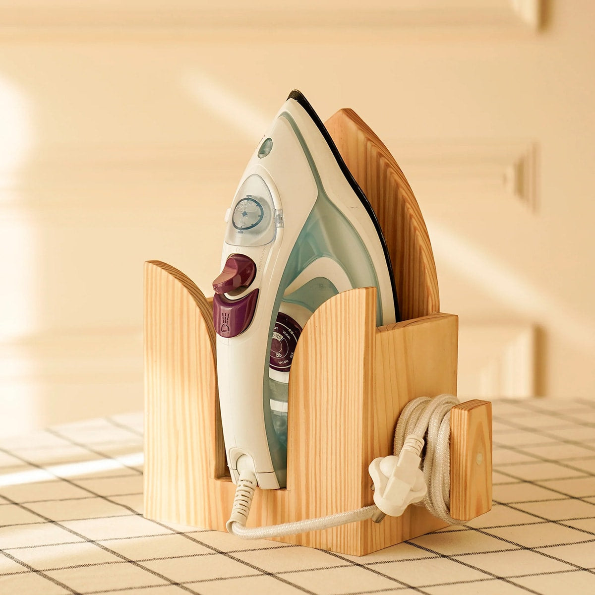 Minimalist wooden iron holder in natural pinewood - functional laundry room storage solution