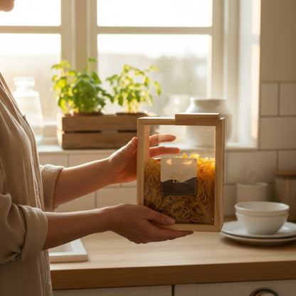 Minimalist wooden pantry storage box featuring Scandinavian design for organized kitchen countertops