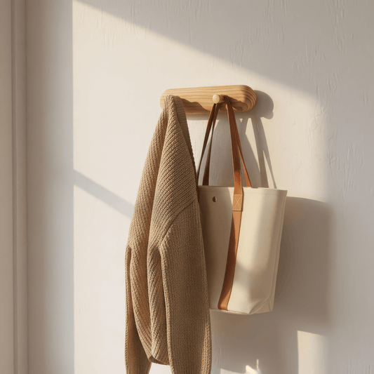 Minimalist pine wood wall hanger brass hook stand in solid wood for Scandinavian entryway organizer by A Good Life