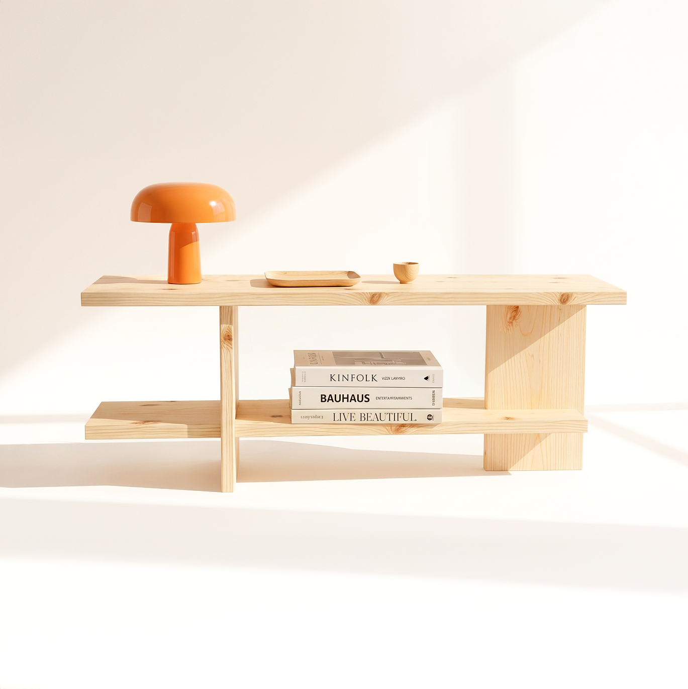Minimal pinewood console table with screw less design