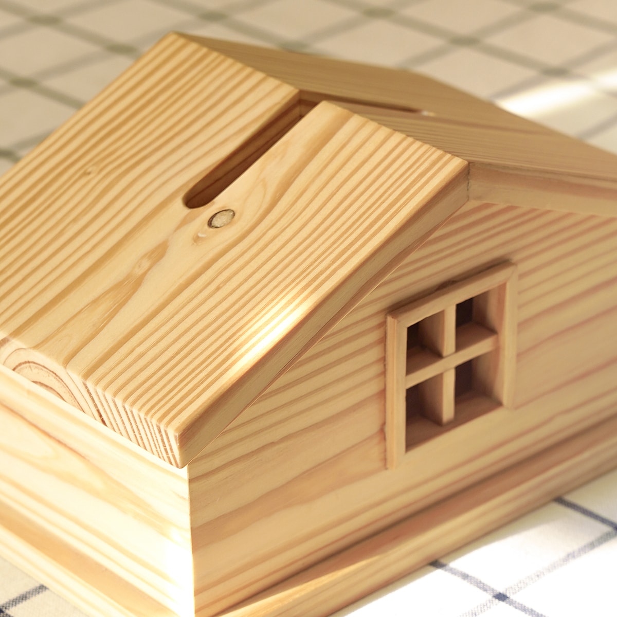 Nordic cabin style wooden tissue holder in solid pinewood with house design for minimalist bathroom decor accessories