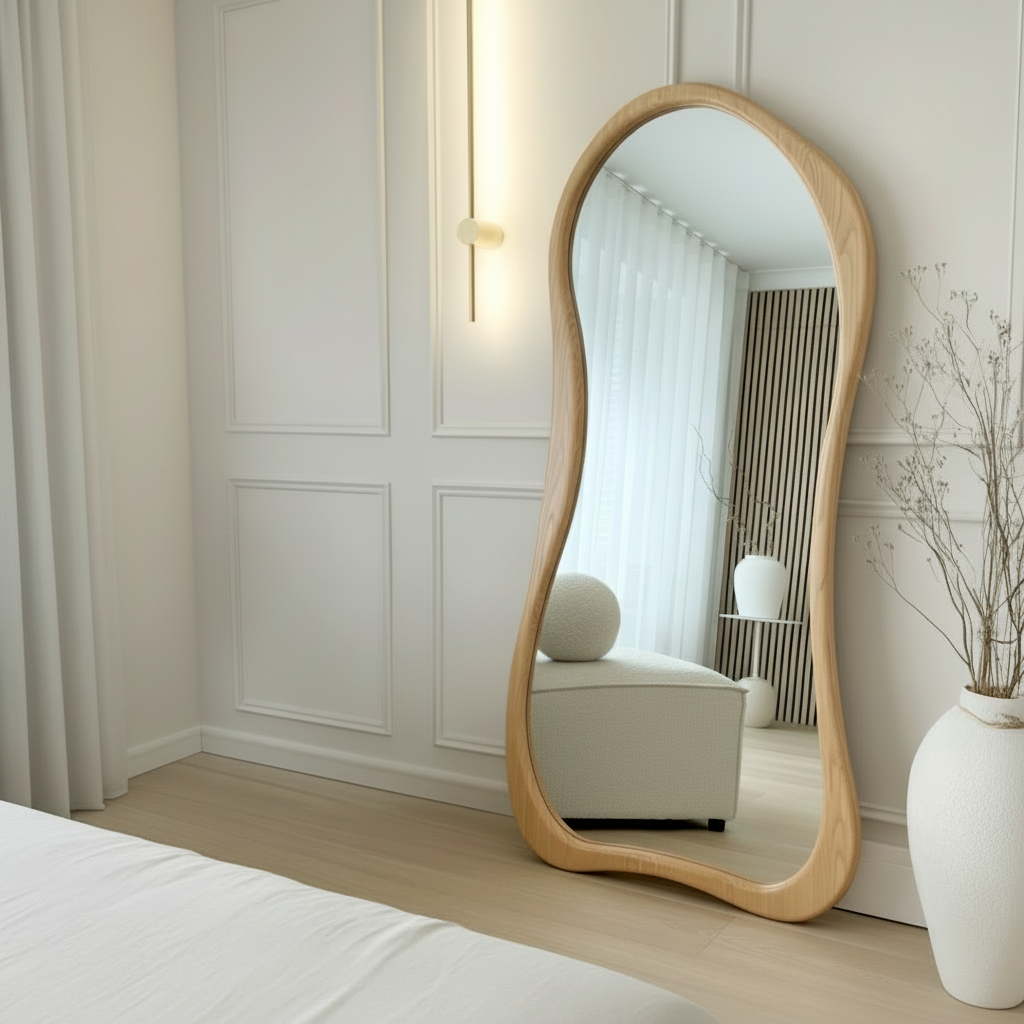 Nordic Celest floor mirror in natural pinewood frame full-length standing mirror for minimalist bedroom decor by A Good Life