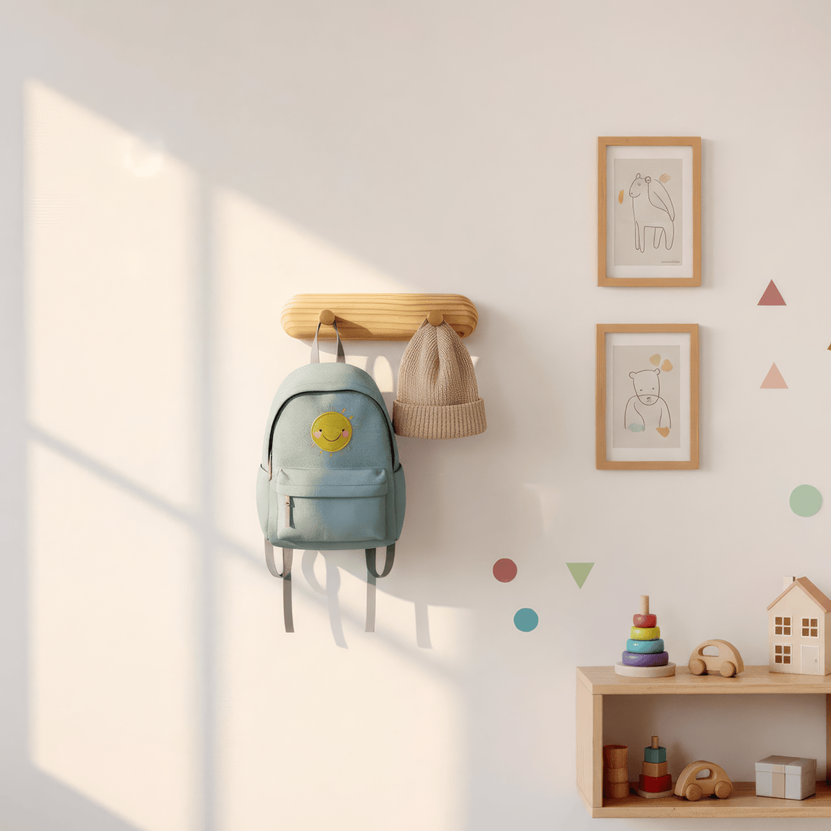 Nordic entryway wall hanger brass hooks organizer in solid pine wood for minimalist hallway storage solution