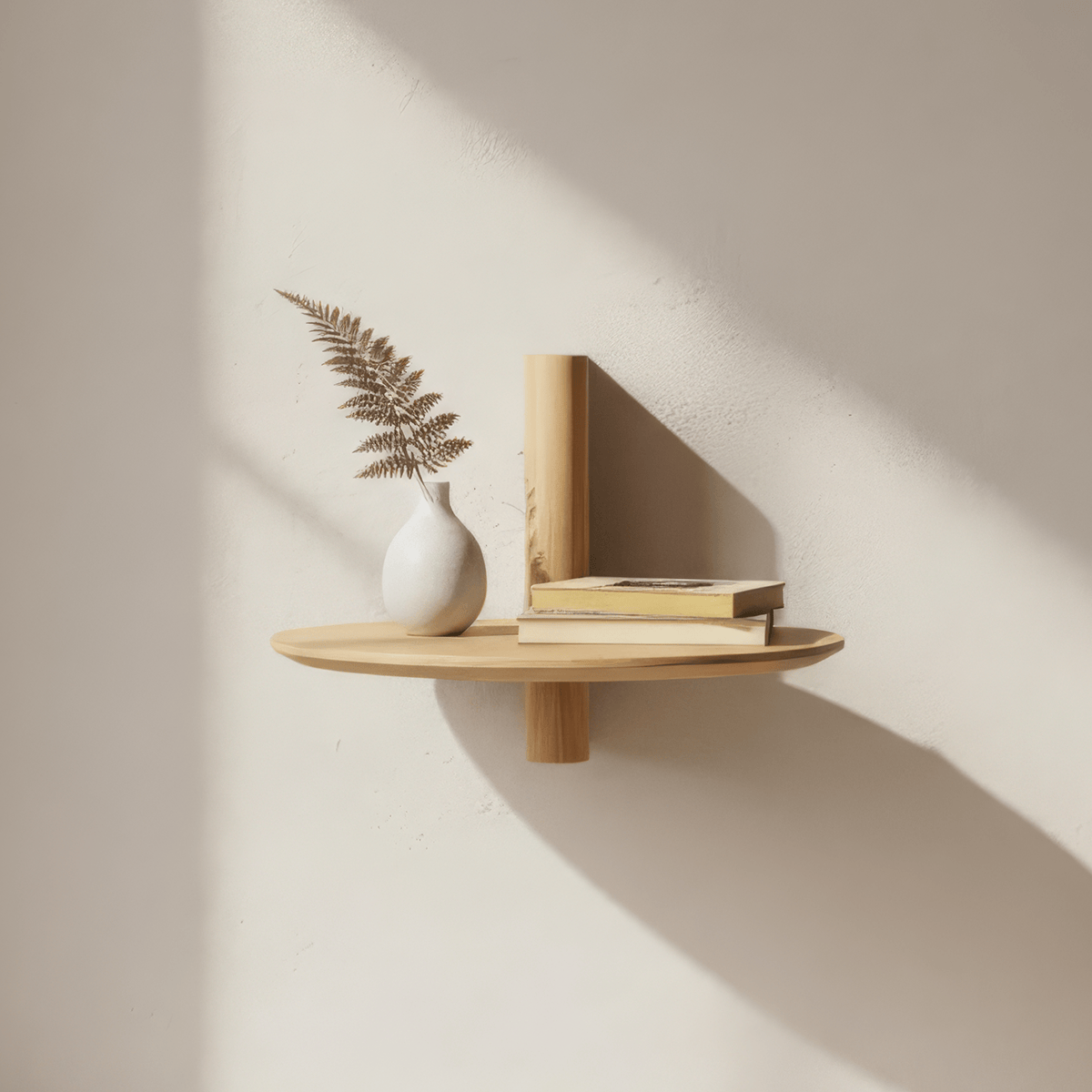 Nordic floating round bedside shelf bedroom in natural pinewood with wall-mounted design for modern minimalist homes