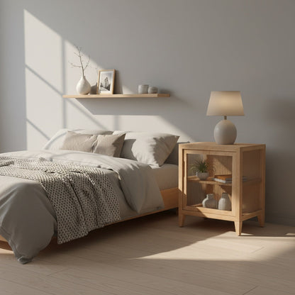 Nordic fluted bedside table side table bedroom in premium Canadian pinewood with glass panels for luxury Scandinavian decor by A Good Life