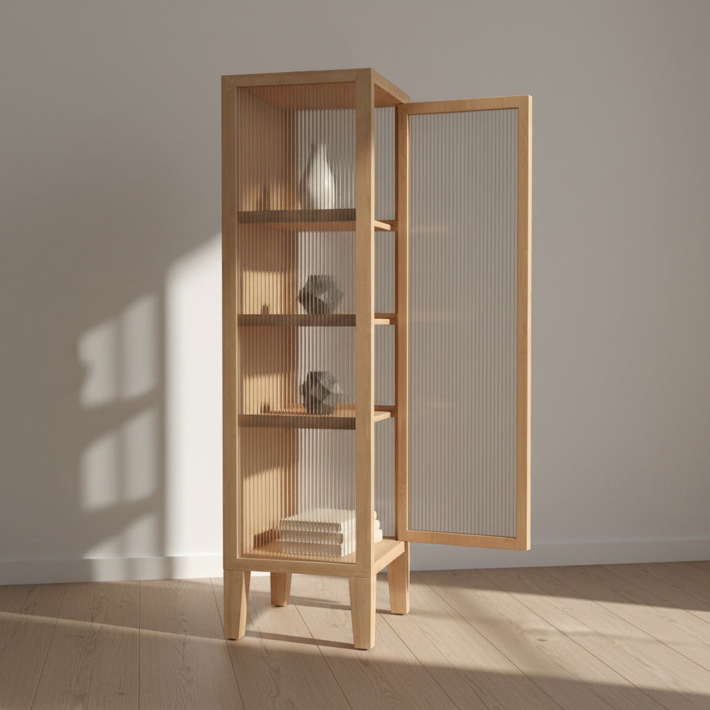Nordic fluted glass cabinet art display furniture in handcrafted solid pinewood for minimalist dining room storage