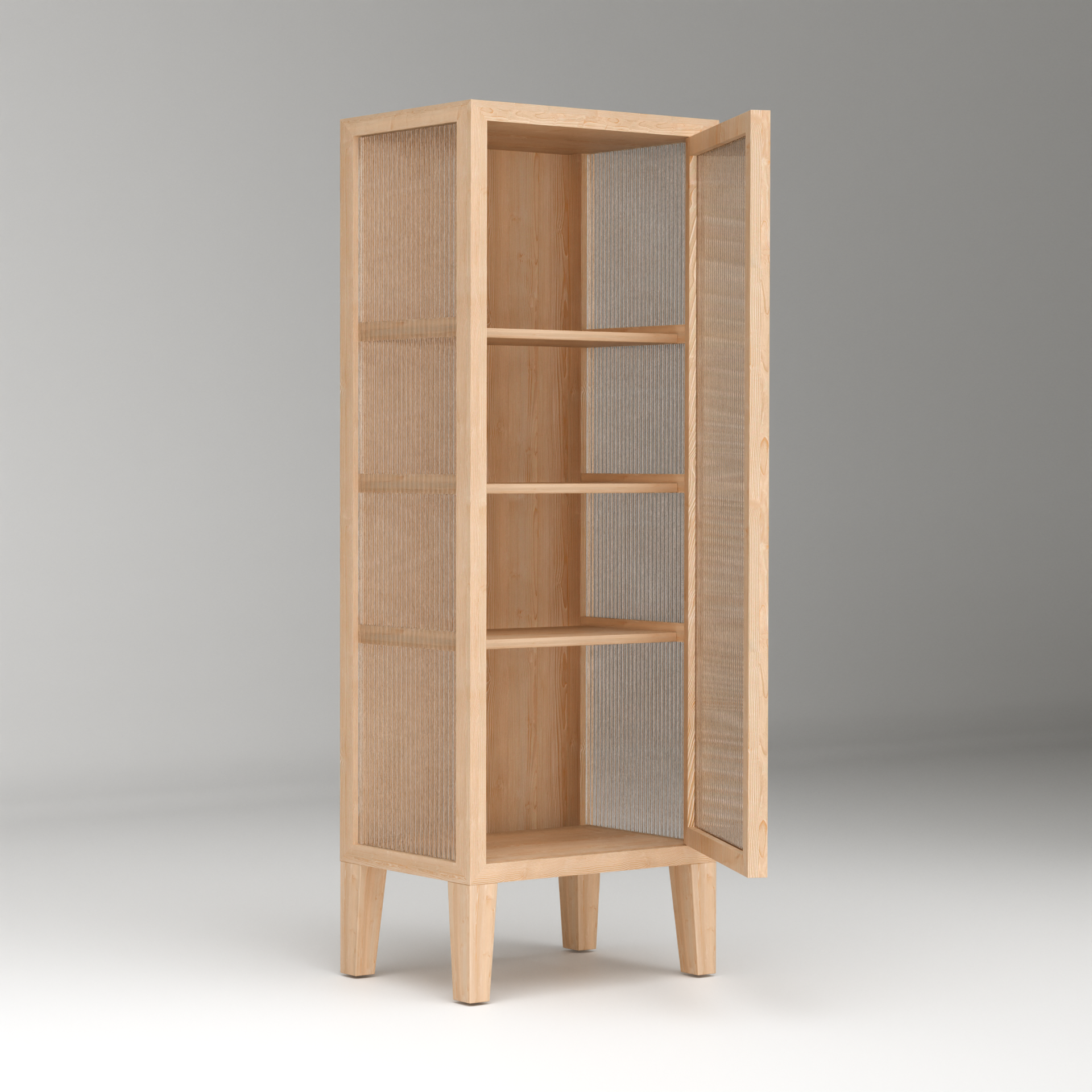 Nordic fluted glass cabinet with light wood frame and three spacious shelves inside