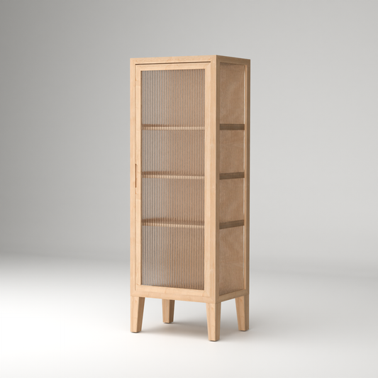 A Good Life Nordic fluted glass cabinet with wooden frame and three shelves in natural finish