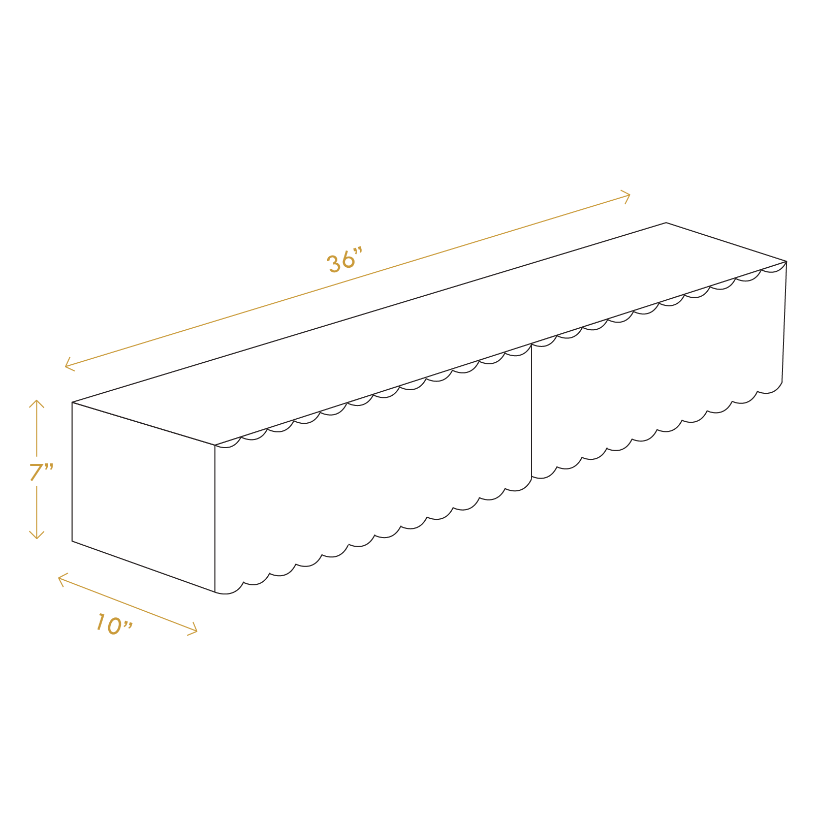 Dimensions diagram of Nordic fluted wall shelf showing 36 by 10 by 7 inches measurements