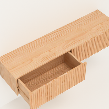 A Good Life Nordic fluted wall shelf in natural wood with two drawers showing detailed fluted design