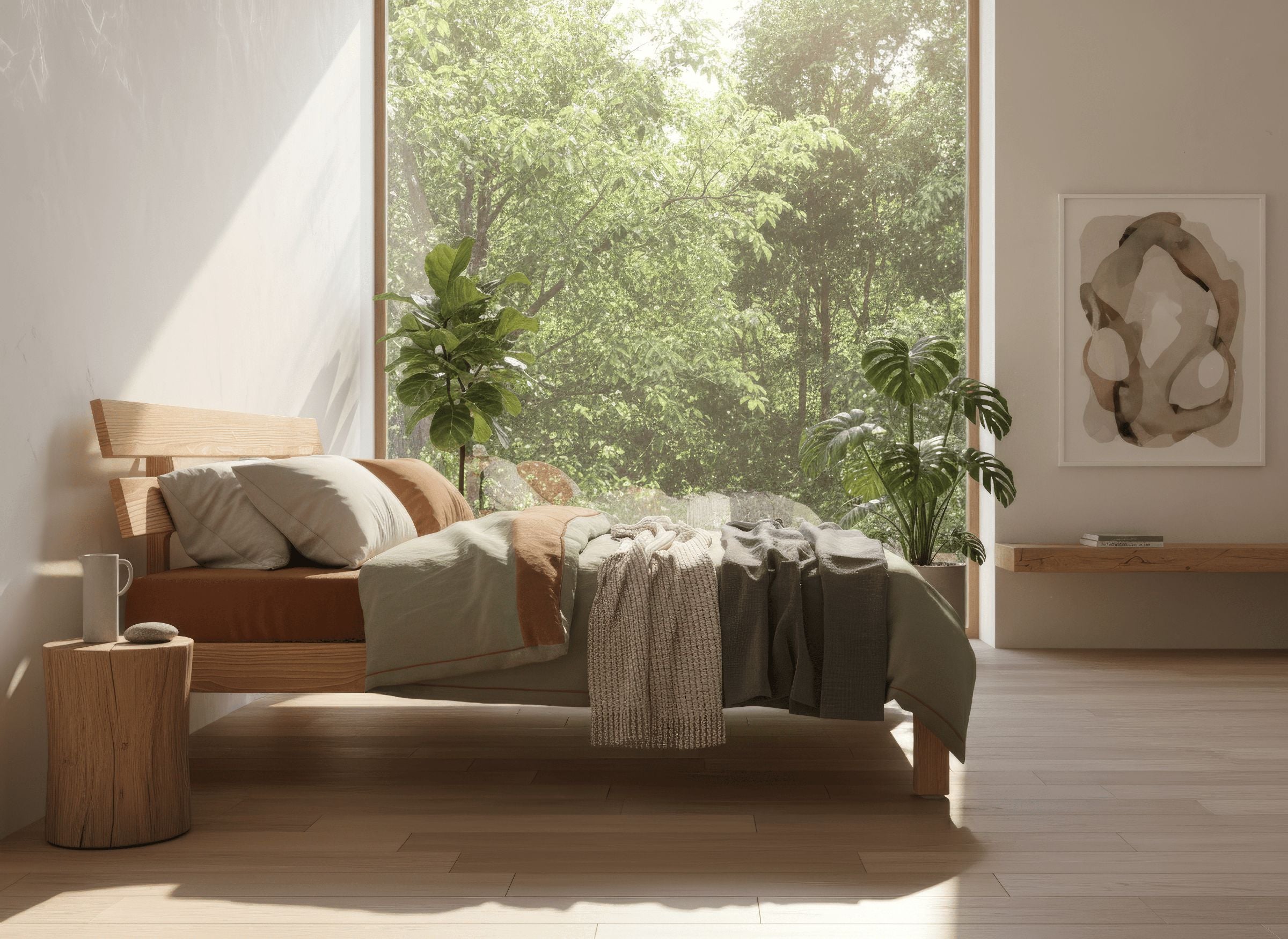 Nordic home decor, minimalist pinewood bed, Scandinavian design, sustainable bedroom furniture, eco-friendly home, handcrafted solid wood, bedroom India.