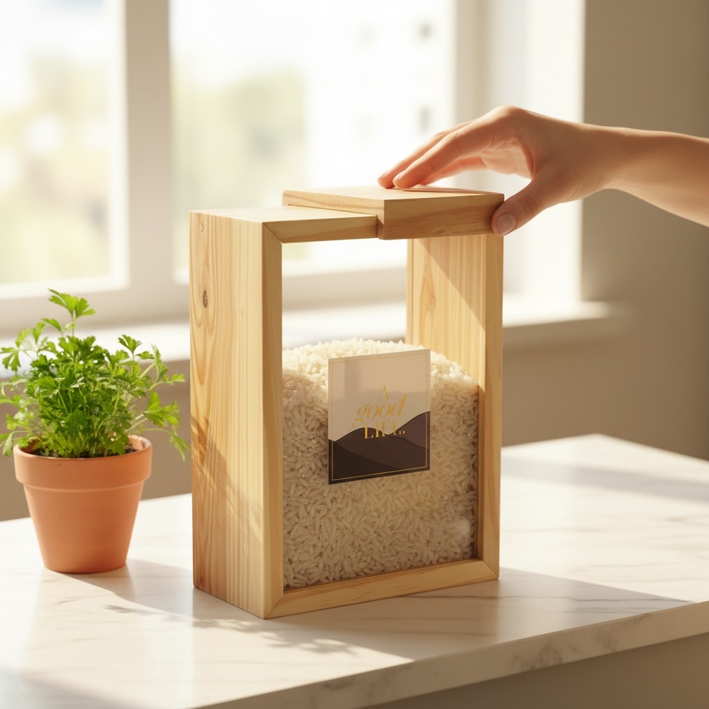 Nordic pantry storage wooden box organizer with natural grain for sustainable kitchen organization