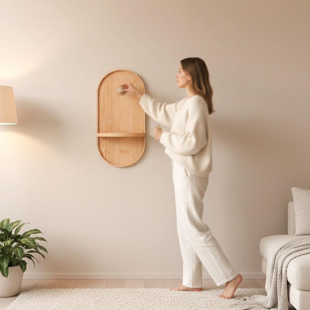 Nordic round moon shelf wall mounted decor in handcrafted Canadian pine for Scandinavian Wabi-Sabi home by A Good Life