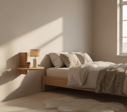 Nordic small round bedside shelf wall mounted in solid pine wood for minimalist Scandinavian bedroom decor by A Good Life