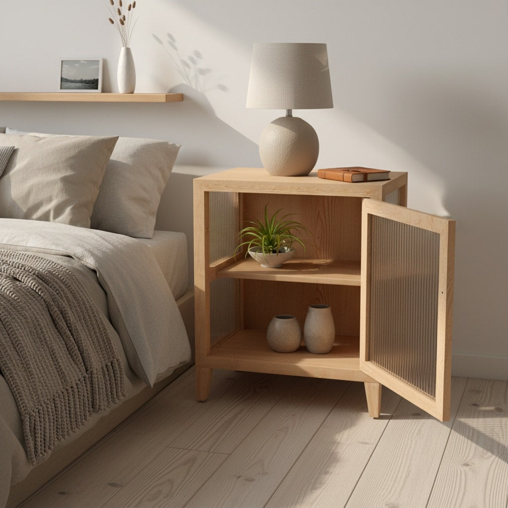Nordic style fluted sidetable bedroom storage in Canadian pine with transparent glass panels for sophisticated home furniture