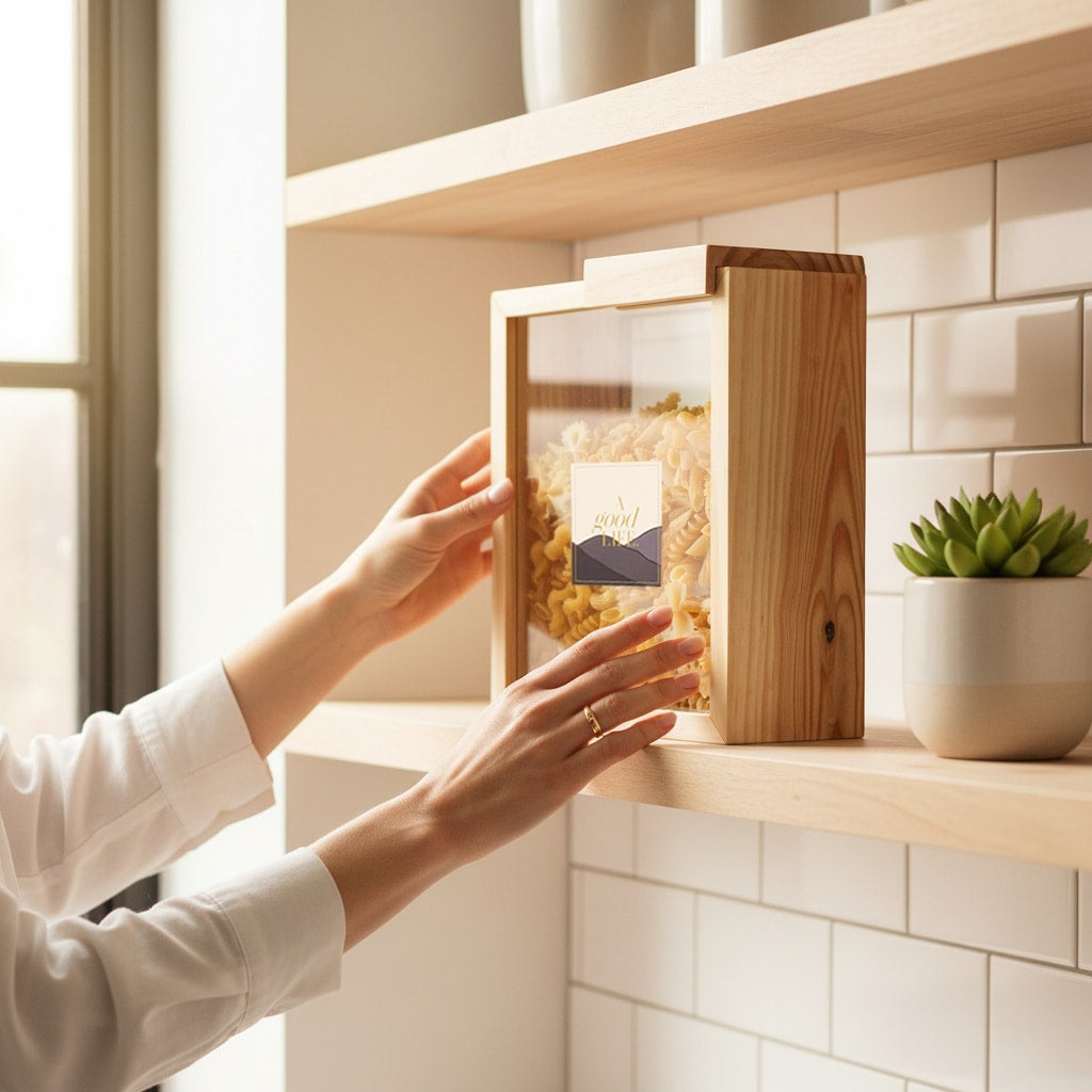 Nordic style kitchen pantry box organizer made from solid pinewood for functional home storage