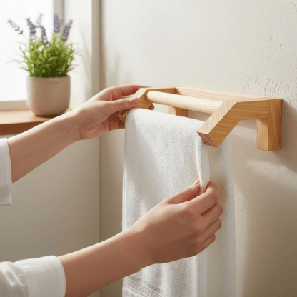 Nordic style kitchen towel rail holder in natural pinewood with double bar design for functional minimalist home decor