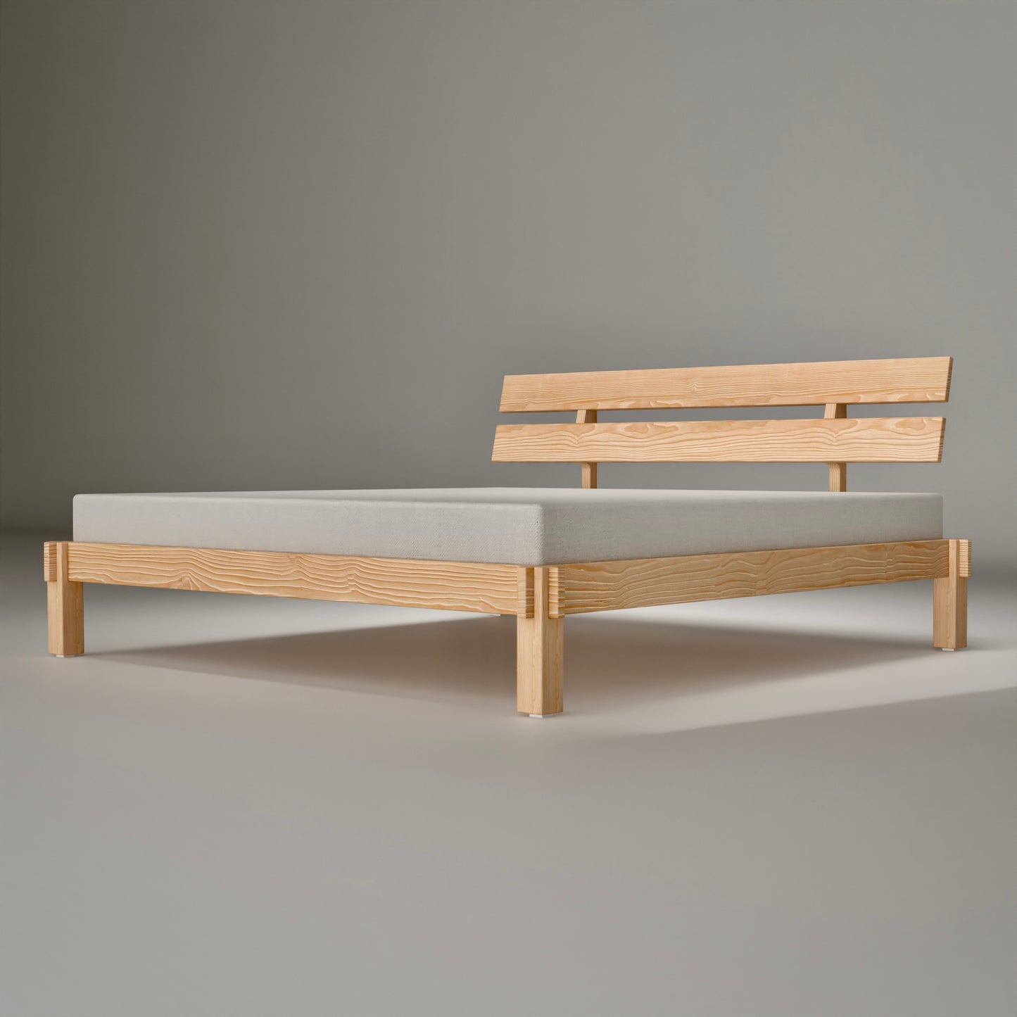 Nordic style pinewood bed platform solid wood construction with clean lines for minimalist bedroom furniture