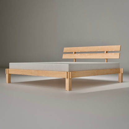 Nordic style pinewood bed platform solid wood construction with clean lines for minimalist bedroom furniture