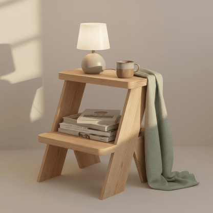 Nordic wooden Wabi-Sabi Step bedside table nightstand with unique stepped design and reclaimed pine